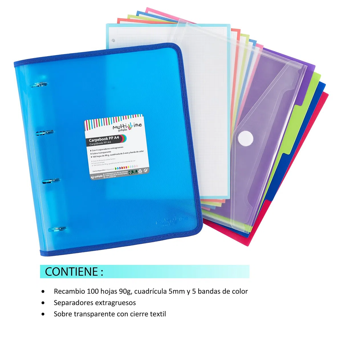 Grafoplás 88100030 Carpebook Multiline a 4 anelli fustellati con ricambio e divisori, A4, blu, polipropilene a righe, Carpebook Multiline