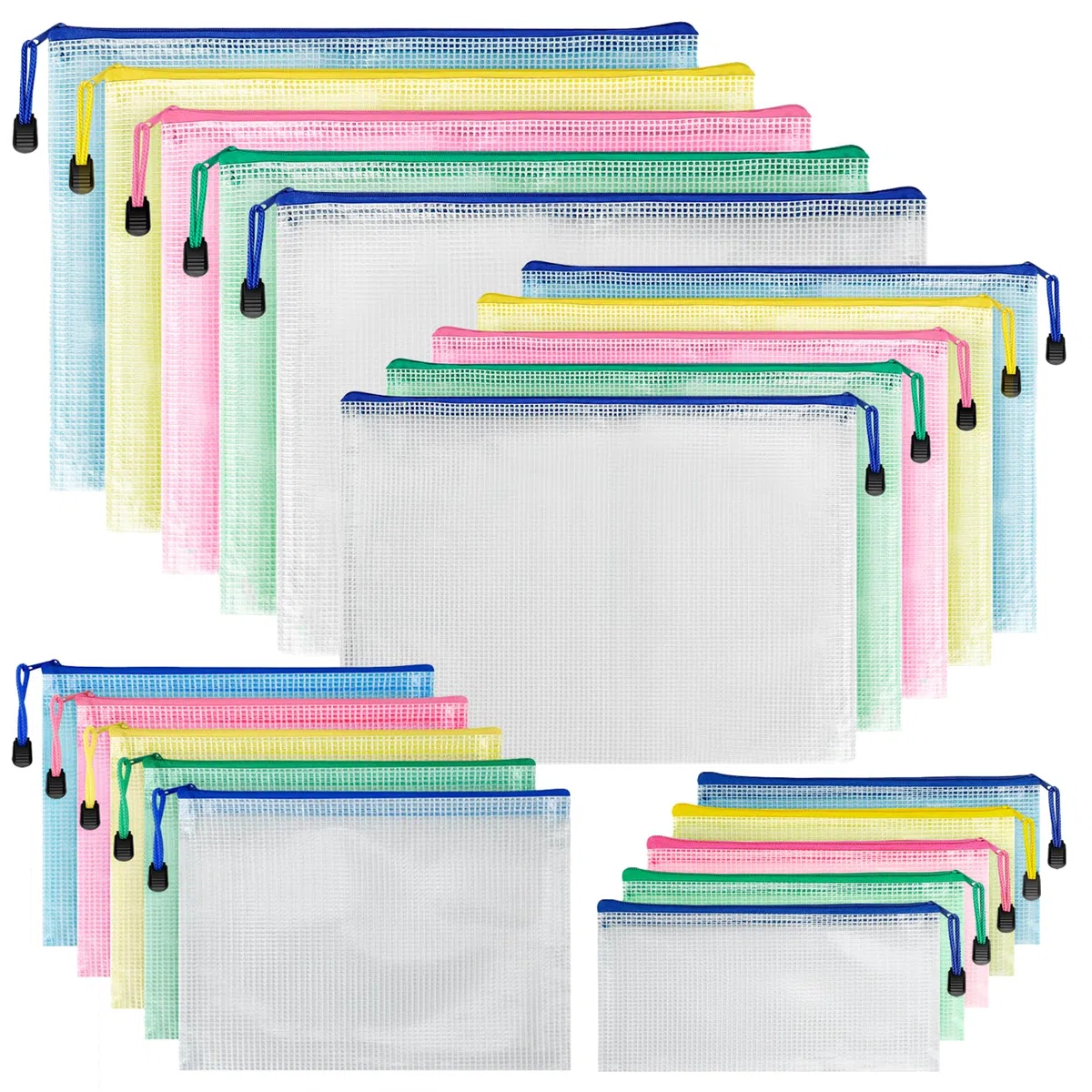 Reticolare Zip Porta Documenti A3+A4+A5+A6, 20 Pezzi Portadocumenti per Organizzare lo Spazio, Porta Documenti Trasparente in PVC Impermeabile per Ufficio, Carta, Cosmetici e Accessori da Viaggio