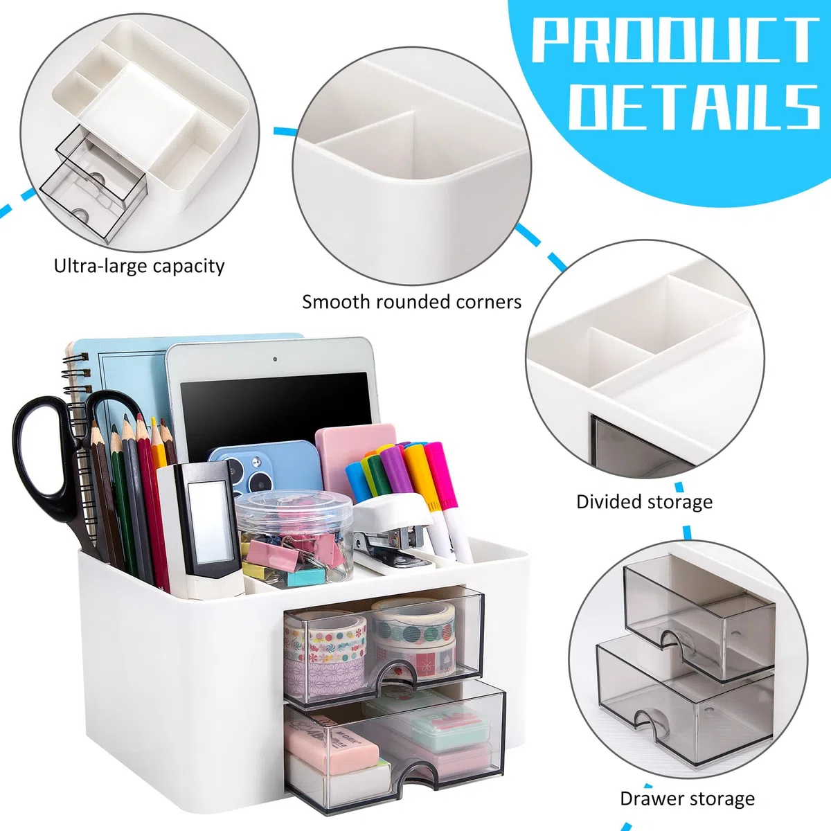 Organizer da Scrivania, Multifunzione Organizzatore di Cancelleria in Plastica Porta Penne con 2 Cassetti e 5 Scomparti Accessori da Scrivania per Ufficio Casa Scuola, Bianco