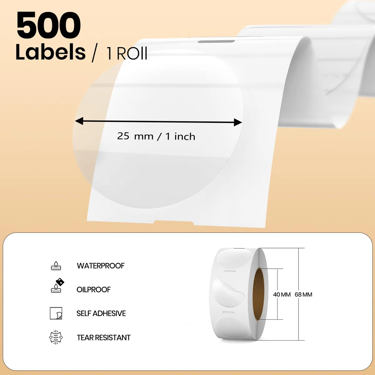 Etichette Termiche Rotonde Autoadesive 25 mm Vinile Trasparente Adesivi Colori Tondi Rimovibili Stampabili Impermeabili per Logo Codice a Barre QR inventario 500 pezzi per Rotolo