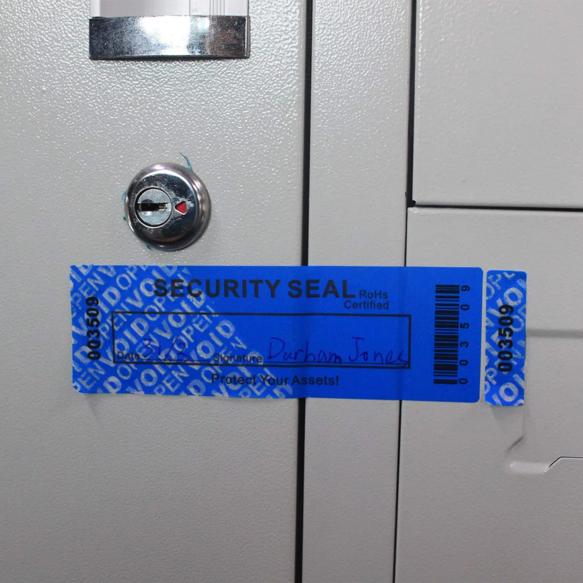 TamperSeals Group - 50pcs Non Trasferibile Antimanomissione di Sicurezza “VoidOpen” Etichette/Adesivi/Sigilli (Blu, 35 X 120 mm, Numeri di Serie Tripli)