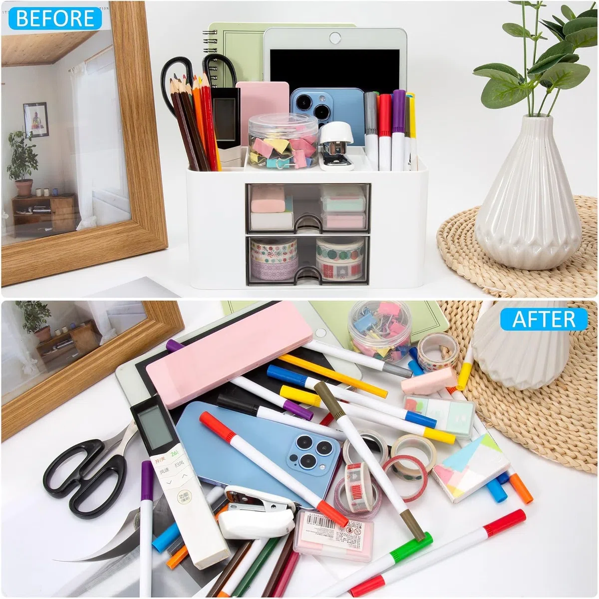 Organizer da Scrivania, Multifunzione Organizzatore di Cancelleria in Plastica Porta Penne con 2 Cassetti e 5 Scomparti Accessori da Scrivania per Ufficio Casa Scuola, Bianco
