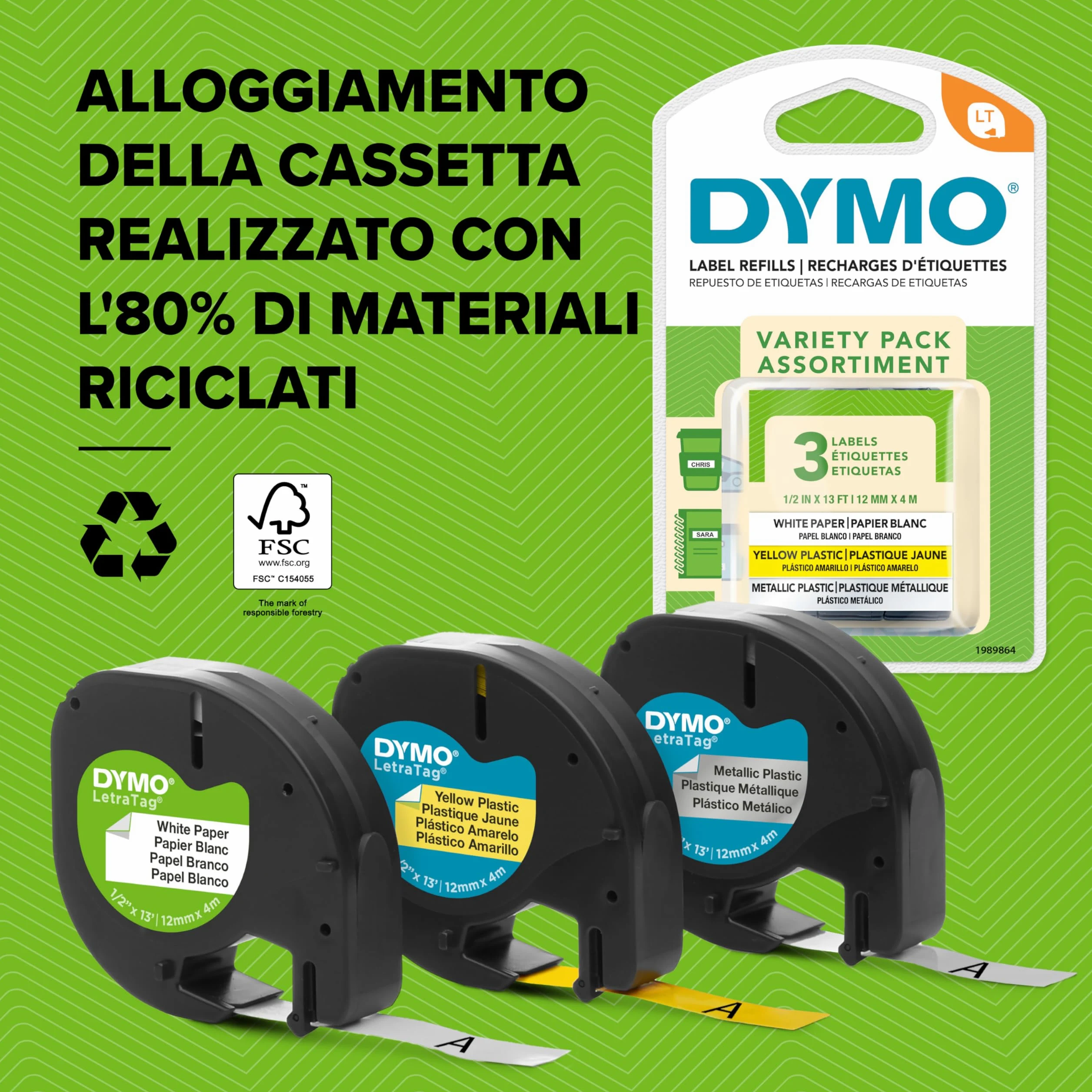 Dymo LetraTag etichette originali in plastica | rotolo da 12 mm x 4 m | stampa nera su bianco | LT etichette autoadesive per etichettatrice LetraTag | 2 pezzi