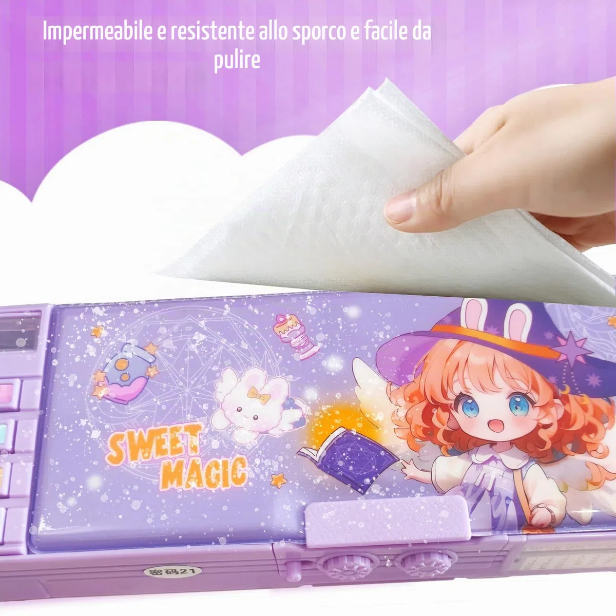Astuccio multifunzione pieghevole per bambine e bambini, grazioso organizer per penne, personaggi dei cartoni, (solo il rosa ha la serratura), temperamatite, orario, lavagna bianca,