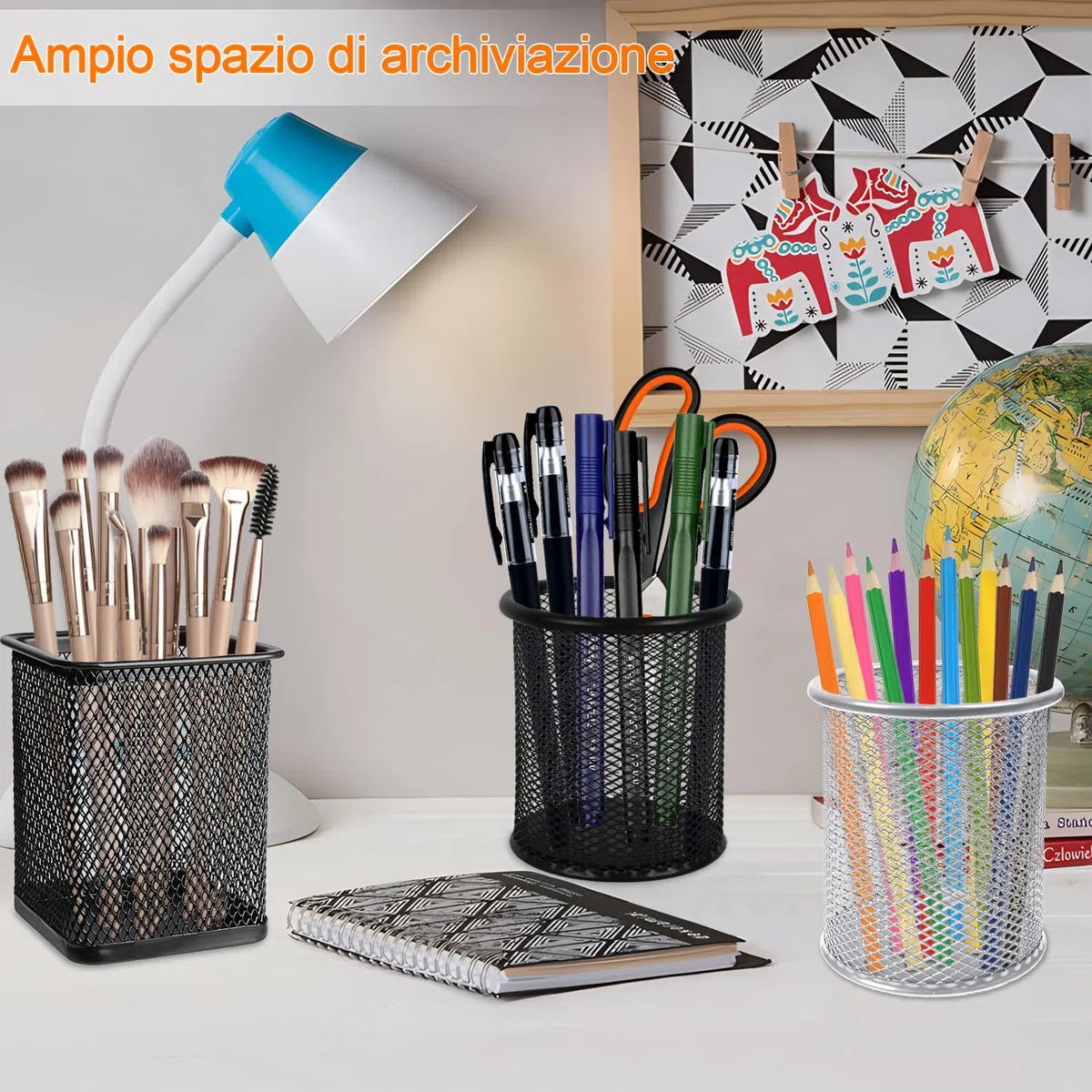 DIFIT Portapenne in metallo, porta penne nero, portapenne da scrivania, Portapenne rotondo, 4 pezzi porta penne porta matite per scrivania, Ø:9cm*H:10cm