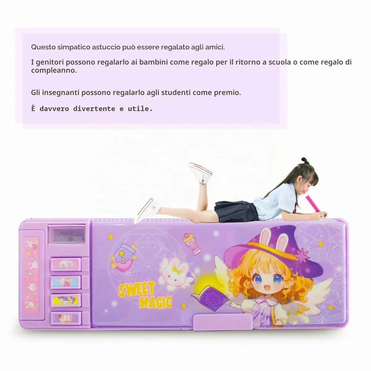 Astuccio multifunzione pieghevole per bambine e bambini, grazioso organizer per penne, personaggi dei cartoni, (solo il rosa ha la serratura), temperamatite, orario, lavagna bianca,