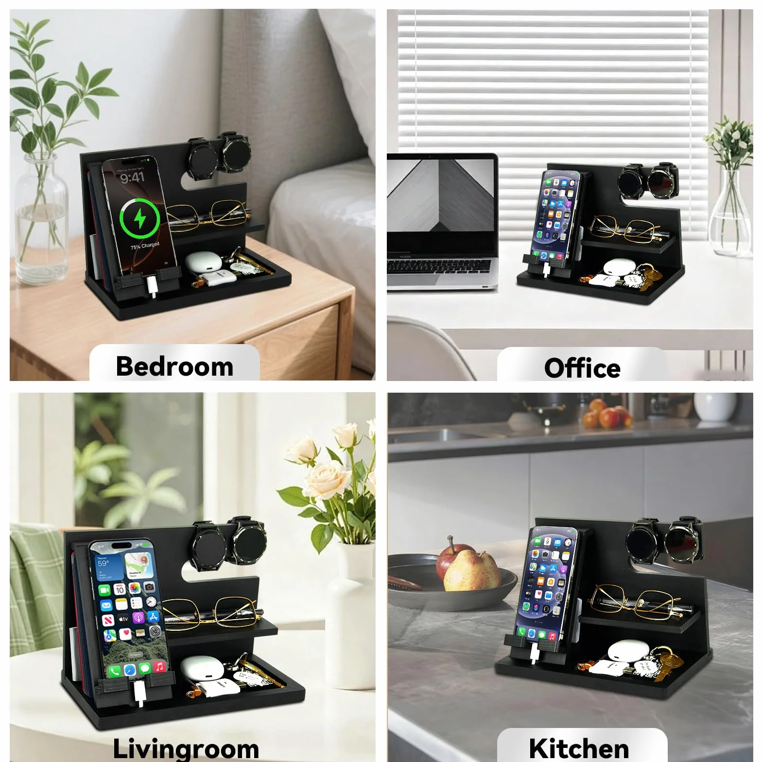 Idee Regalo Uomo Natale in legno Docking Station Scrivania Organizer Padri Regali Anniversario Uomo Regali di compleanno per lui Valentino Regalo Natale per Papa Comodino Portachiavi