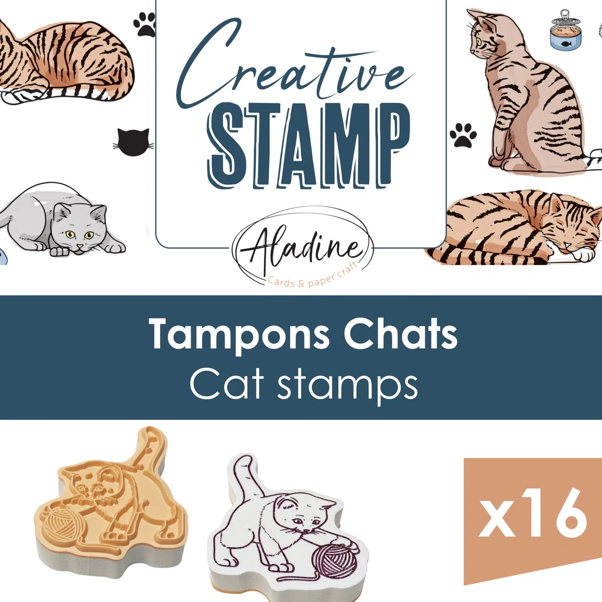 Aladine -16 Timbri Gatti con Inchiostratore - Schiuma & Gomma - per Carteria, Bullet Journal, Scrapbooking, Hobby, Disegno - Creative Stamp - Idea Regalo Bambino Adulto, 03714