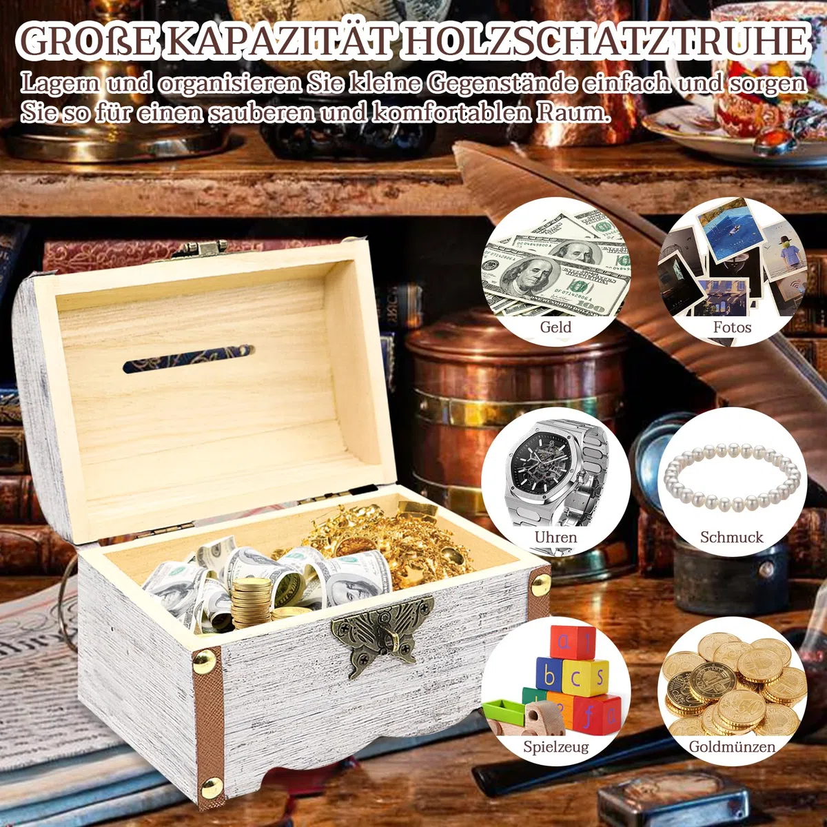 Scrigno del Tesoro in legno, stile vintage, con serratura dei pirati, piccolo scrigno per il compleanno dei bambini, caccia al Tesoro (14,5 x
