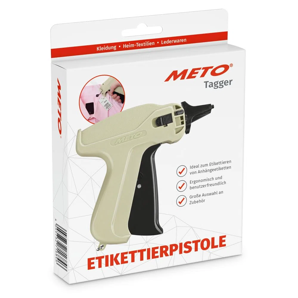 Pistola per etichettatrice METO originale per tessuti, pistola per cucitrice, ideale per vestiti, cartellini dei prezzi e ciondoli in tessuto, pronta all'uso