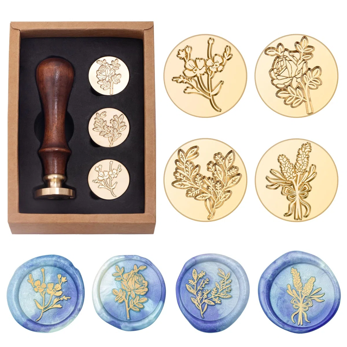 Set di timbri botanici, rosa, lavanda, eucalipto, foglia, cosmo, motivo floreale, testa in ottone, per matrimonio, biglietto di invito, busta, agenda
