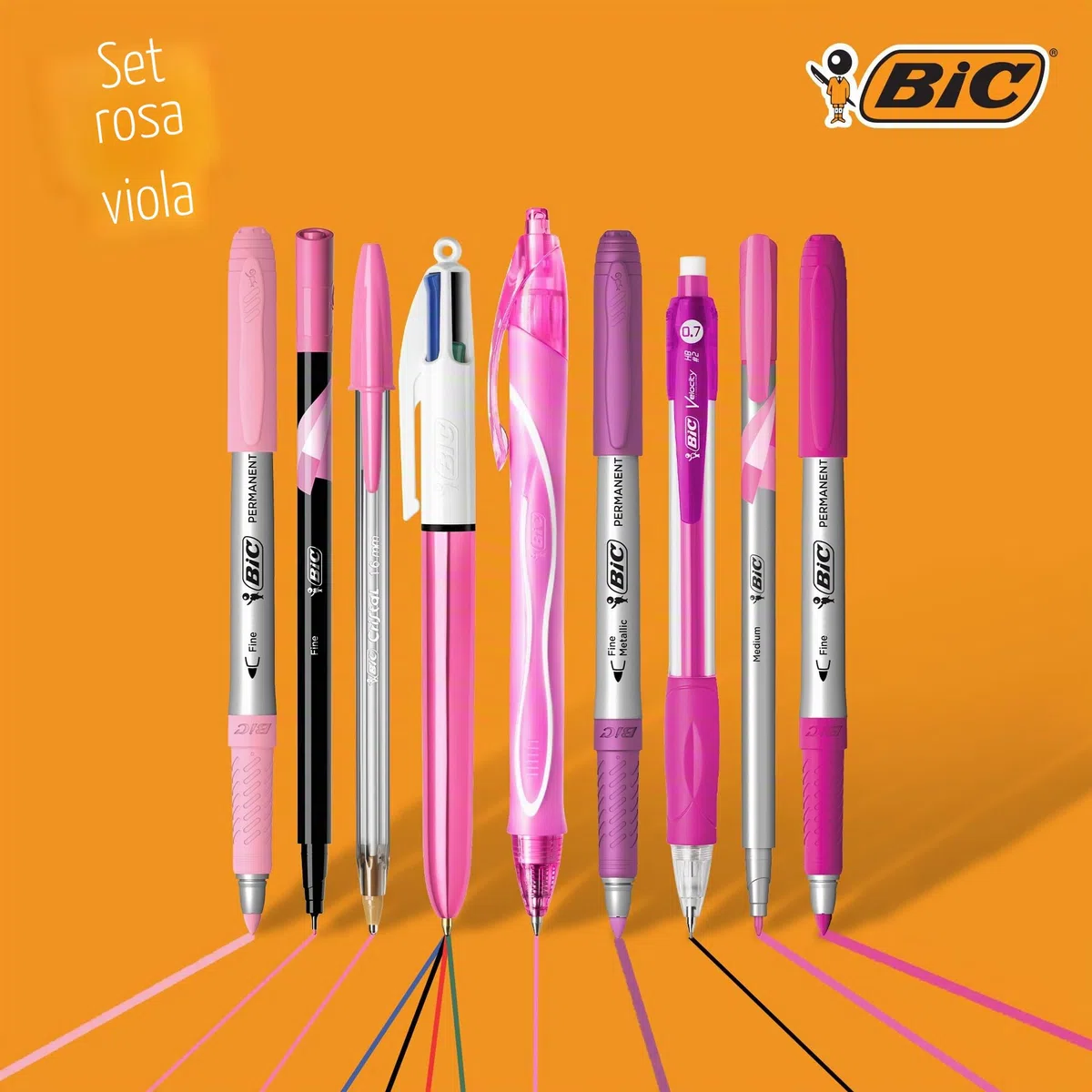 BIC Pink & Purple, Set Con Astuccio, 2 Penne A Sfera, 1 Penna Gel Cancellabile, 1 Pennarello Punta Fine, 1 Matita in Grafite, 1 Fineliner punta media, 3 Pennarelli Indelebili, Kit Scrittura, 10 Unità