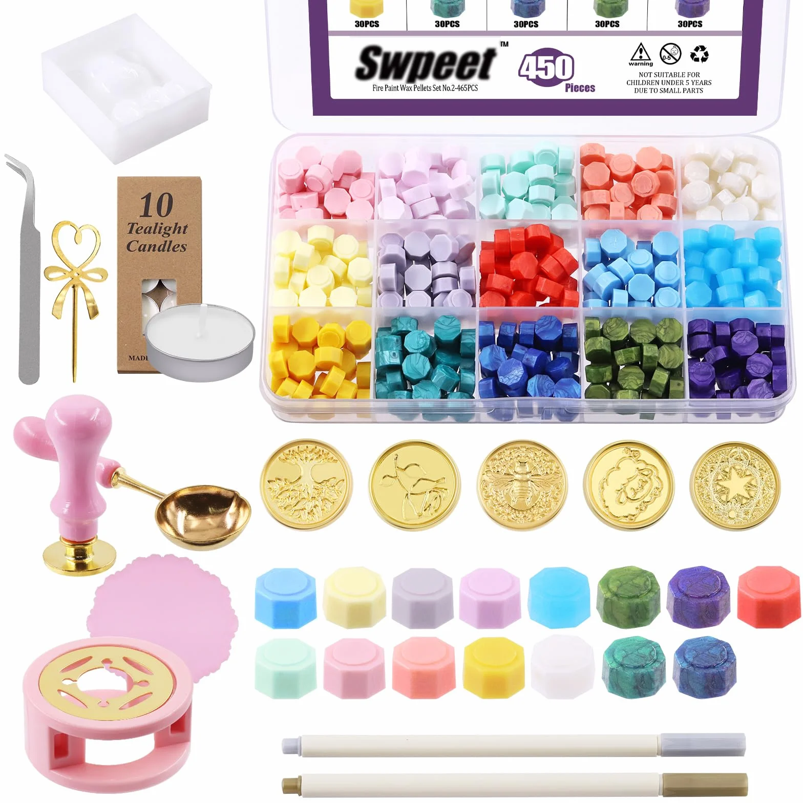 Swpeet Kit da 465 pezzi per timbri ceralacca, kit ceralacca con perline di ceralacca, timbro per cera, scaldacera, buste vintage e candele tealight per sigillatura di buste e lettere, biglietti di