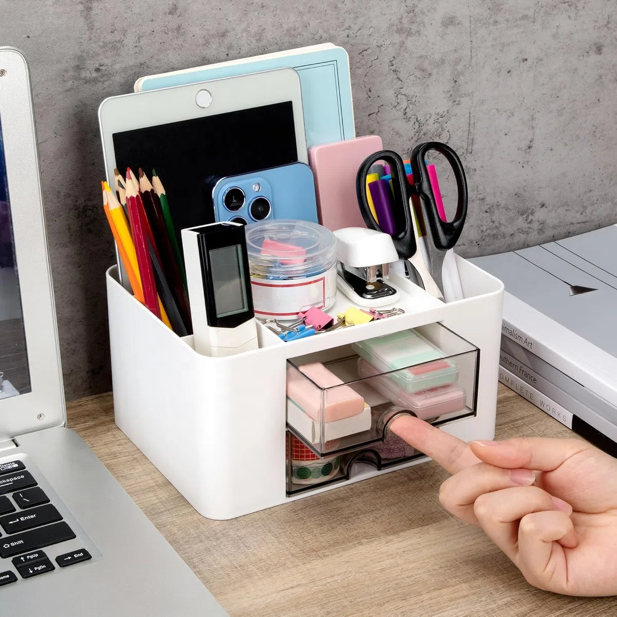 Organizer da Scrivania, Multifunzione Organizzatore di Cancelleria in Plastica Porta Penne con 2 Cassetti e 5 Scomparti Accessori da Scrivania per Ufficio Casa Scuola, Bianco
