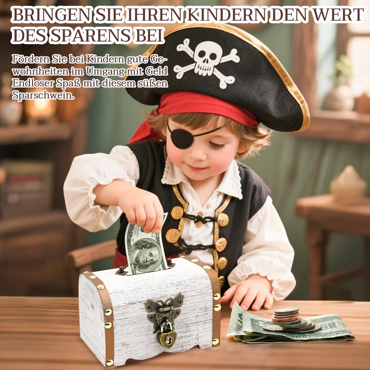 Scrigno del Tesoro in legno, stile vintage, con serratura dei pirati, piccolo scrigno per il compleanno dei bambini, caccia al Tesoro (14,5 x