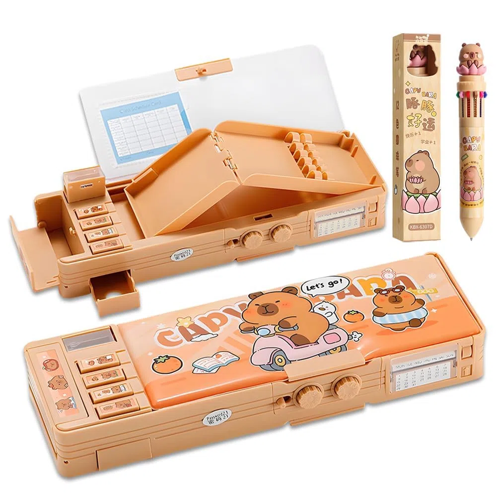Capybara Astuccio Multifunzione Pop Up, 12 In 1 Multicolori Penna, Capybara Set di Astuccio, Con Serratura a Password, Penna a Sfera Retrattile, Regalo Carino per Bambini & Studenti
