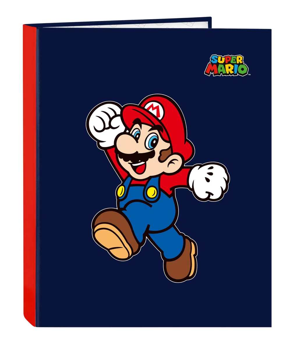 SUPER MARIO WORLD - Cartella con fogli 4 anelli, ideale per bambini di diverse età, comoda e versatile, qualità e resistenza, 26,5 x 33 cm, colore blu navy