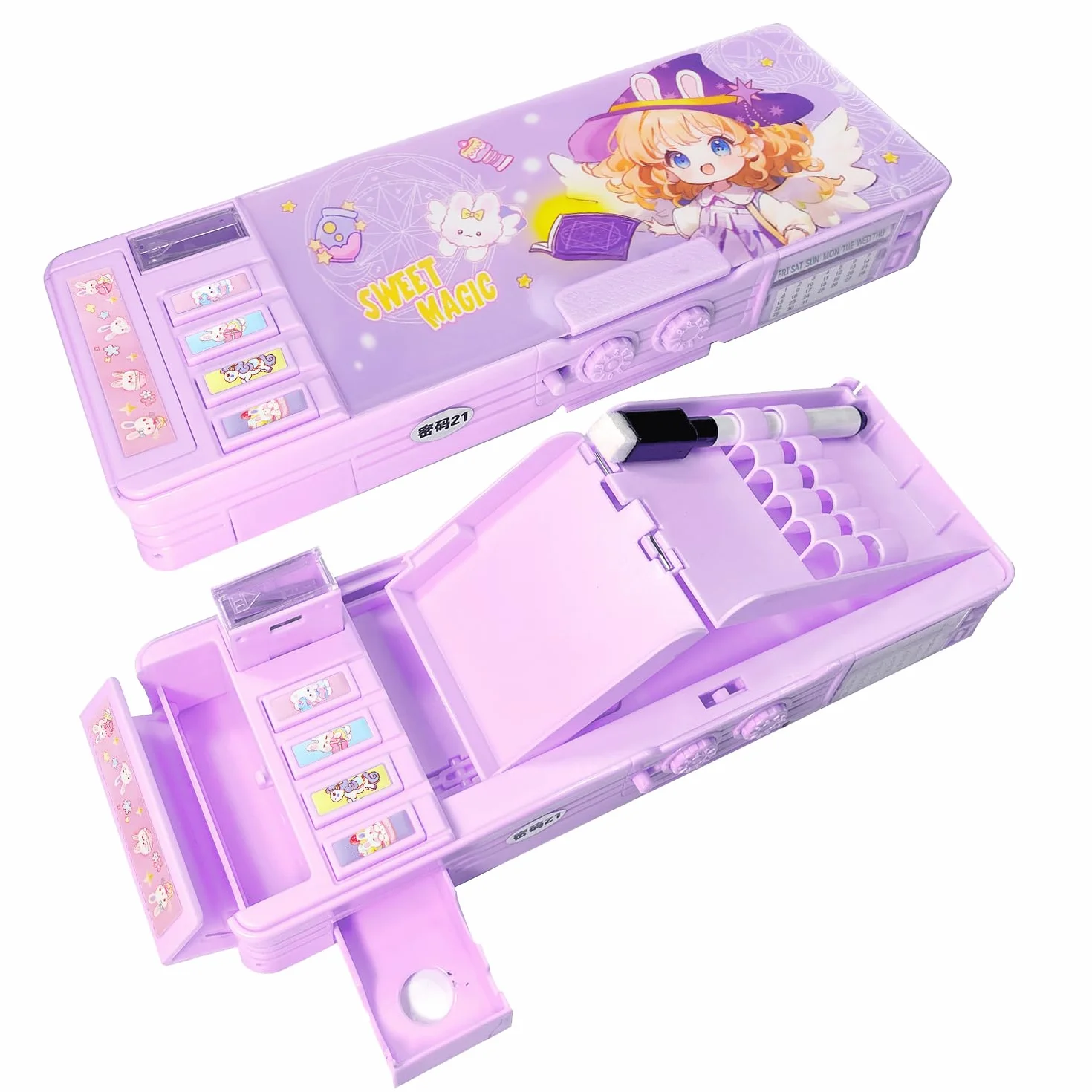 Astuccio multifunzione pieghevole per bambine e bambini, grazioso organizer per penne, personaggi dei cartoni, (solo il rosa ha la serratura), temperamatite, orario, lavagna bianca,