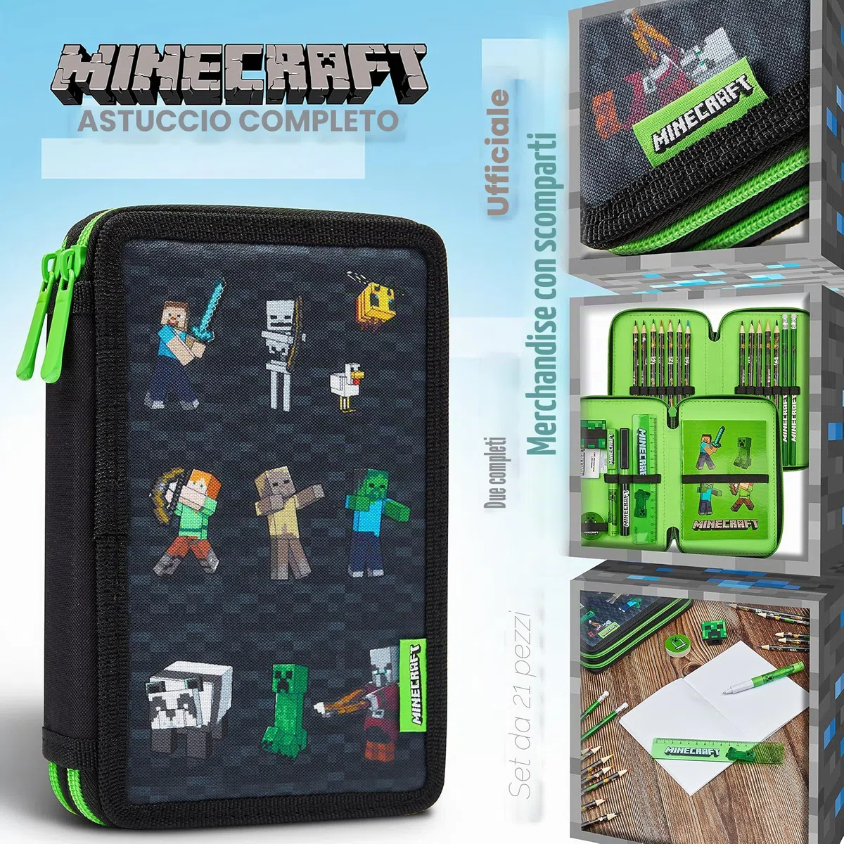 Minecraft Astuccio Matite per Bambini con Scomparti Multipli, Include Accessori Scuola (Nero)