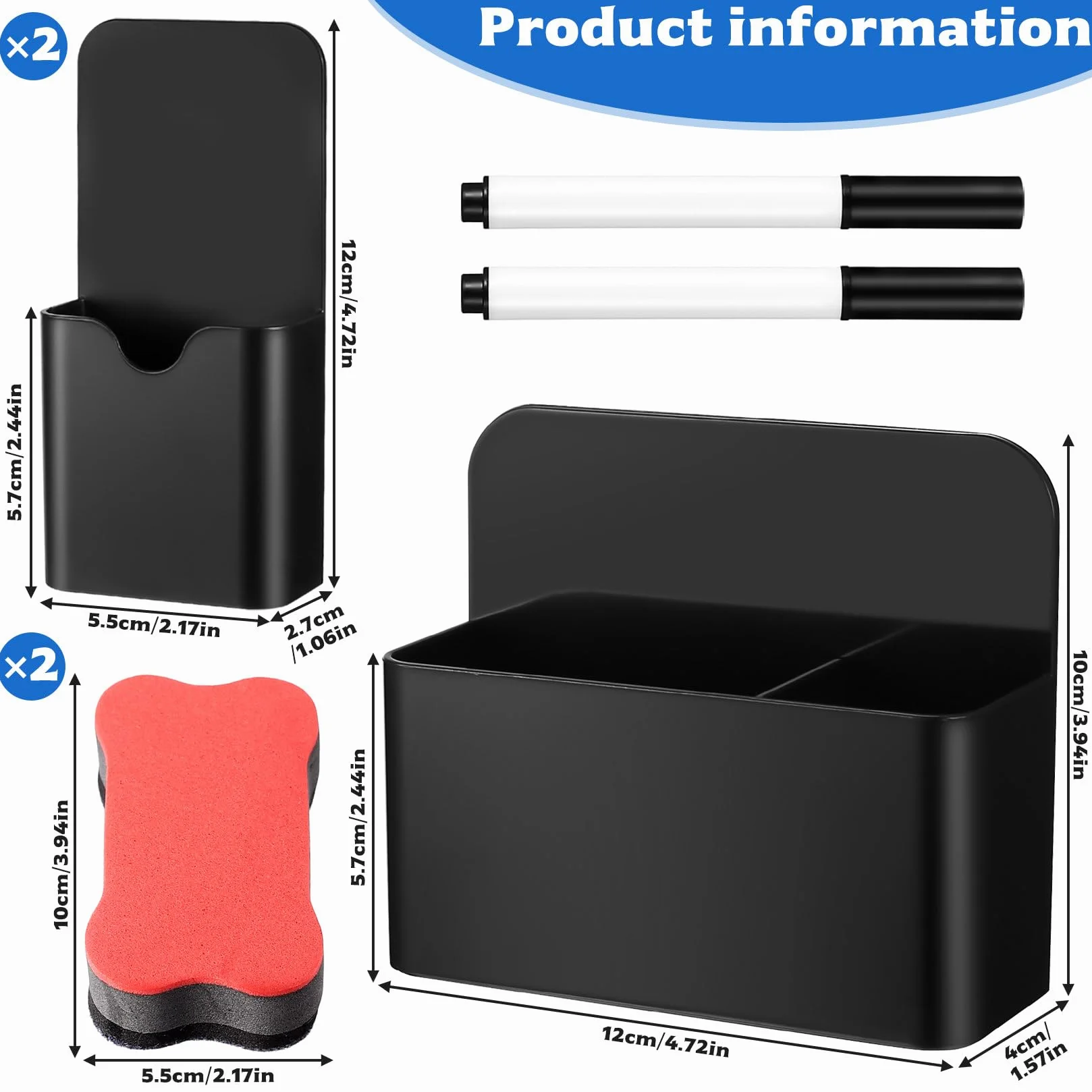 3 Pz Portapenne Magnetico, Porta Pennarelli Magnetici, Porta Pennarello Magnetico Organizer per Lavagna Bianca Lavagna Magnetica Frigorifero Ufficio Casa, con 2 Gomme e 2 Penne(2 Misure, Nero)