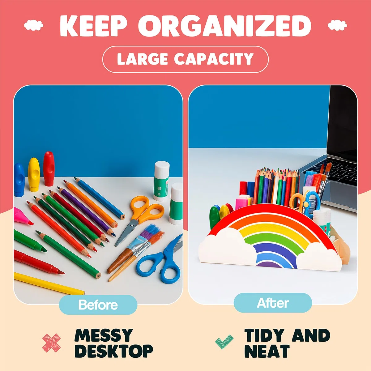 GAMENOTE - Organizer da scrivania in legno naturale con motivo arcobaleno, inodore, adatto ai bambini, portapenne per forniture per ufficio, aula e area studio, grazioso contenitore per bambini