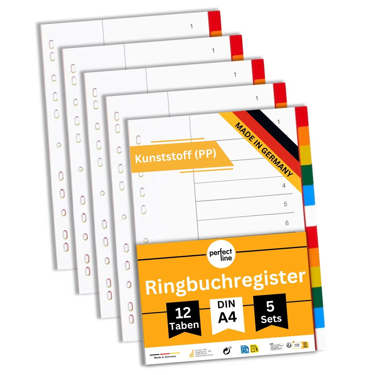 perfect line Divisori raccoglitori ad anelli DIN-A4, Plastica, PP, 12 pezzi, set da 5, separatori raccoglitore ad anelli A4, MADE IN GERMANY