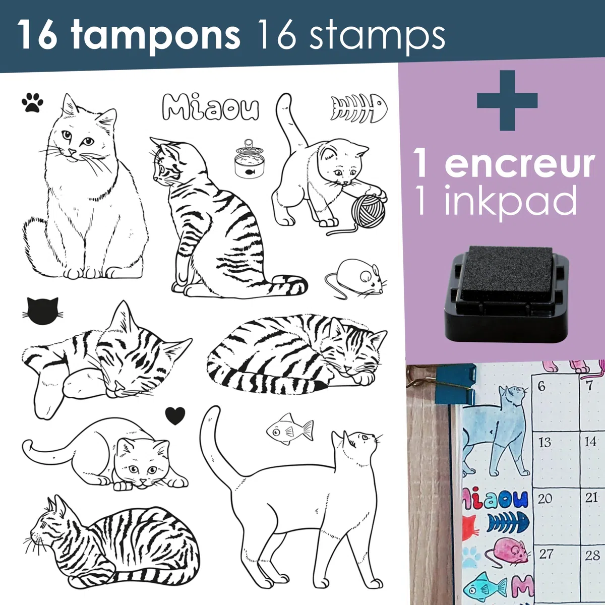 Aladine -16 Timbri Gatti con Inchiostratore - Schiuma & Gomma - per Carteria, Bullet Journal, Scrapbooking, Hobby, Disegno - Creative Stamp - Idea Regalo Bambino Adulto, 03714