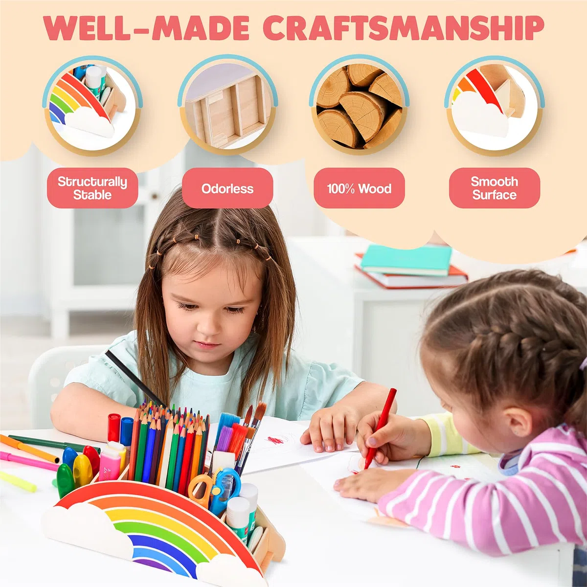 GAMENOTE - Organizer da scrivania in legno naturale con motivo arcobaleno, inodore, adatto ai bambini, portapenne per forniture per ufficio, aula e area studio, grazioso contenitore per bambini