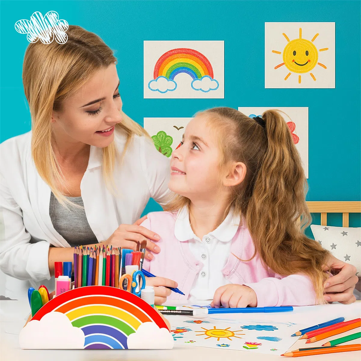 GAMENOTE - Organizer da scrivania in legno naturale con motivo arcobaleno, inodore, adatto ai bambini, portapenne per forniture per ufficio, aula e area studio, grazioso contenitore per bambini