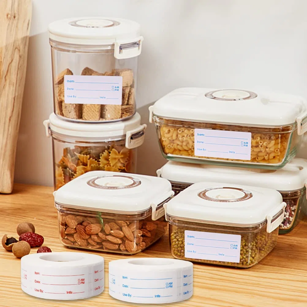 2 Rolls 1000 Pieces Removable Food Stickers, 1 x 2 Inch Food Rotation Labels Adhesive Food Storage Labels for Canning, Jars, Pantry and Meal Containers (Red and Blue)