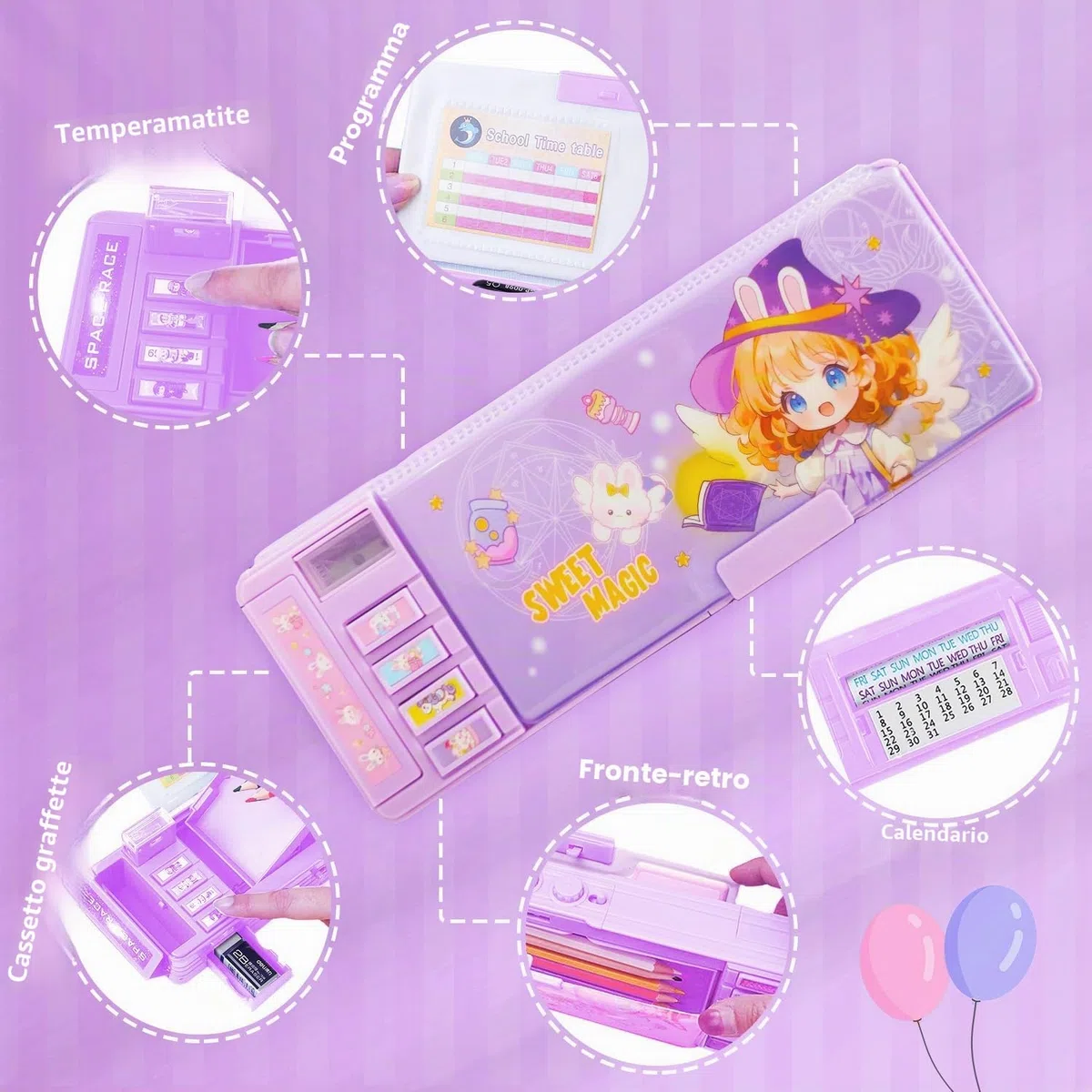 Astuccio multifunzione pieghevole per bambine e bambini, grazioso organizer per penne, personaggi dei cartoni, (solo il rosa ha la serratura), temperamatite, orario, lavagna bianca,