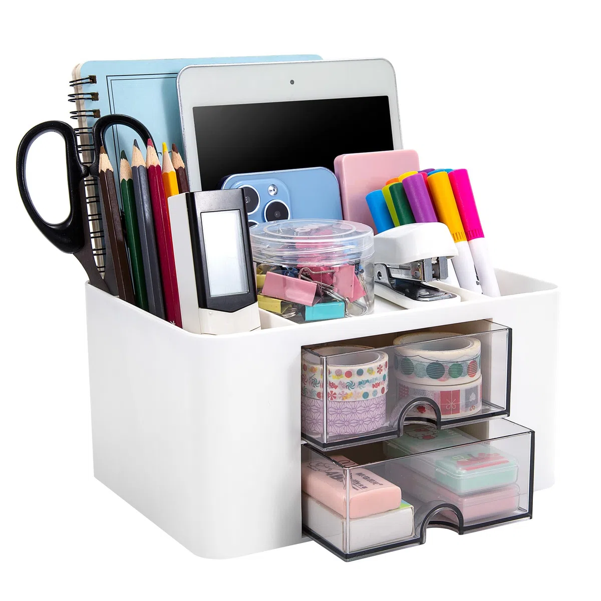 Organizer da Scrivania, Multifunzione Organizzatore di Cancelleria in Plastica Porta Penne con 2 Cassetti e 5 Scomparti Accessori da Scrivania per Ufficio Casa Scuola, Bianco