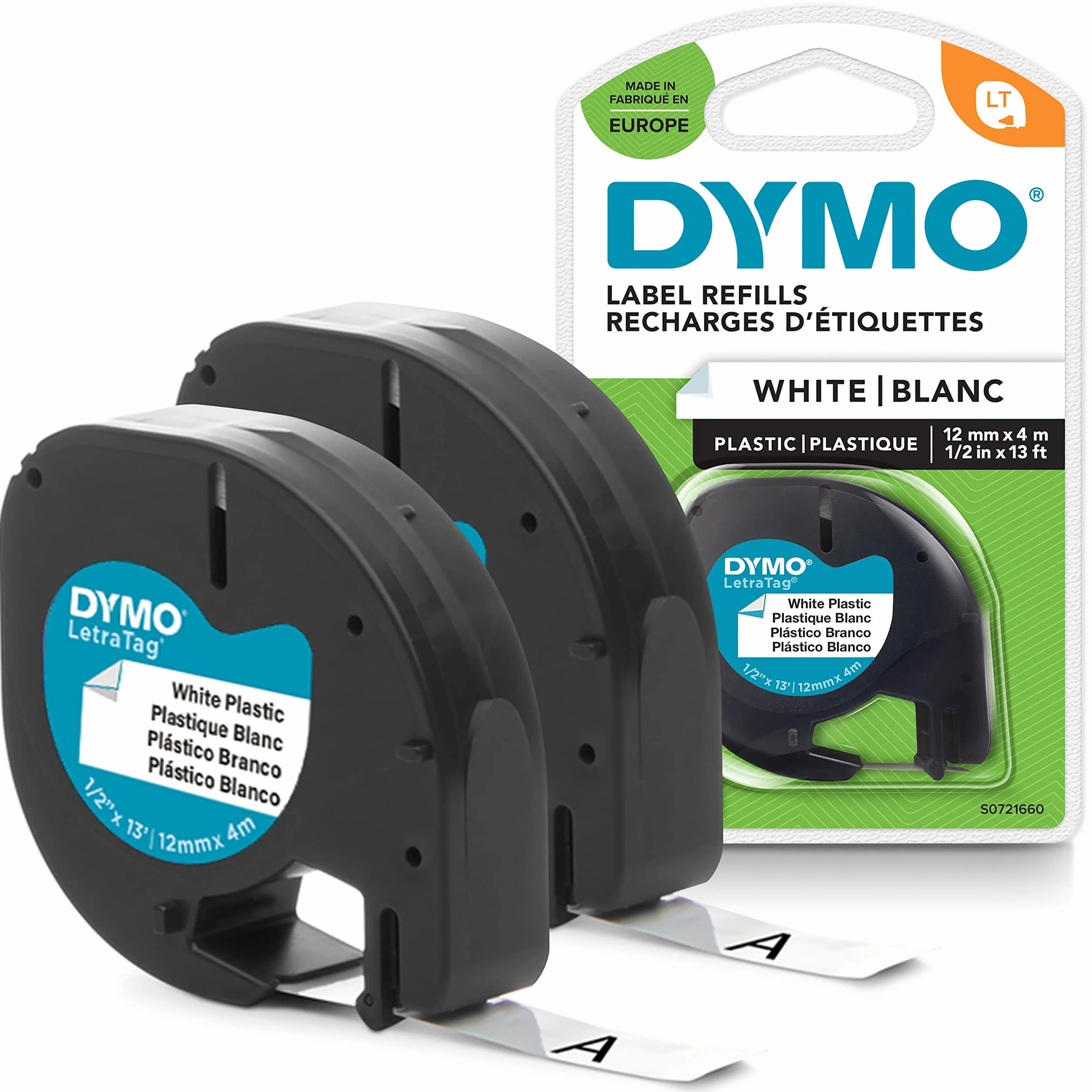 Dymo LetraTag etichette originali in plastica | rotolo da 12 mm x 4 m | stampa nera su bianco | LT etichette autoadesive per etichettatrice LetraTag | 2 pezzi