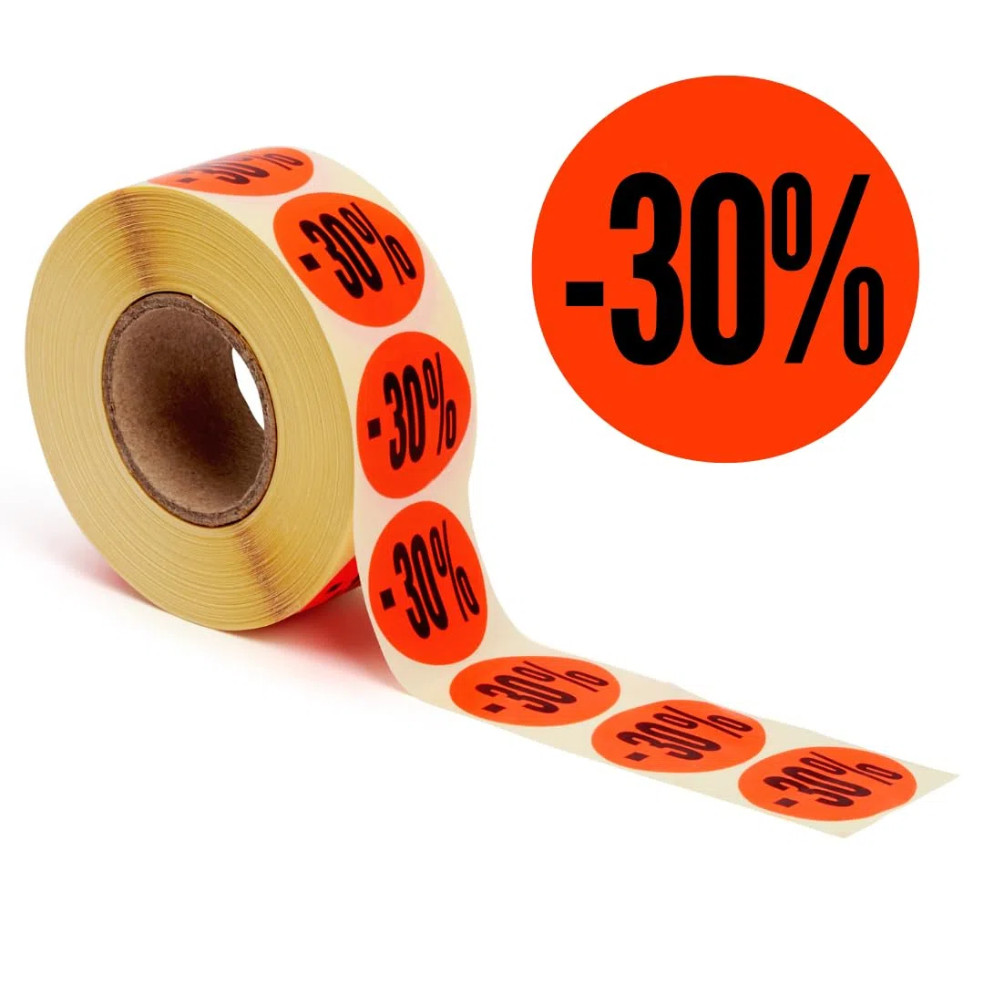 POKORNYS - Etichette promozionali sconto “-30%” I Targhette per merce scontata I Set di 1.000 adesivi autoadesivi per sconti in rosso vivace I Autoadesivi permanenti, rotondi con Ø 32 mm