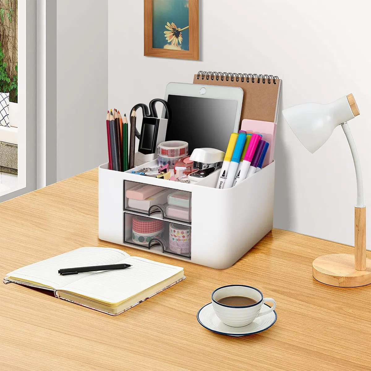 Organizer da Scrivania, Multifunzione Organizzatore di Cancelleria in Plastica Porta Penne con 2 Cassetti e 5 Scomparti Accessori da Scrivania per Ufficio Casa Scuola, Bianco