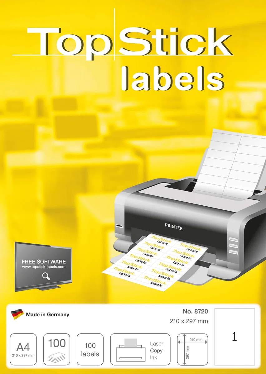 TopStick Etichette multiuso autoadesive, 1 etichetta per foglio A4, 100 fogli, 210 x 297 mm, 100 etichette, etichette universali vuote, per stampanti laser e inkjet, bianco