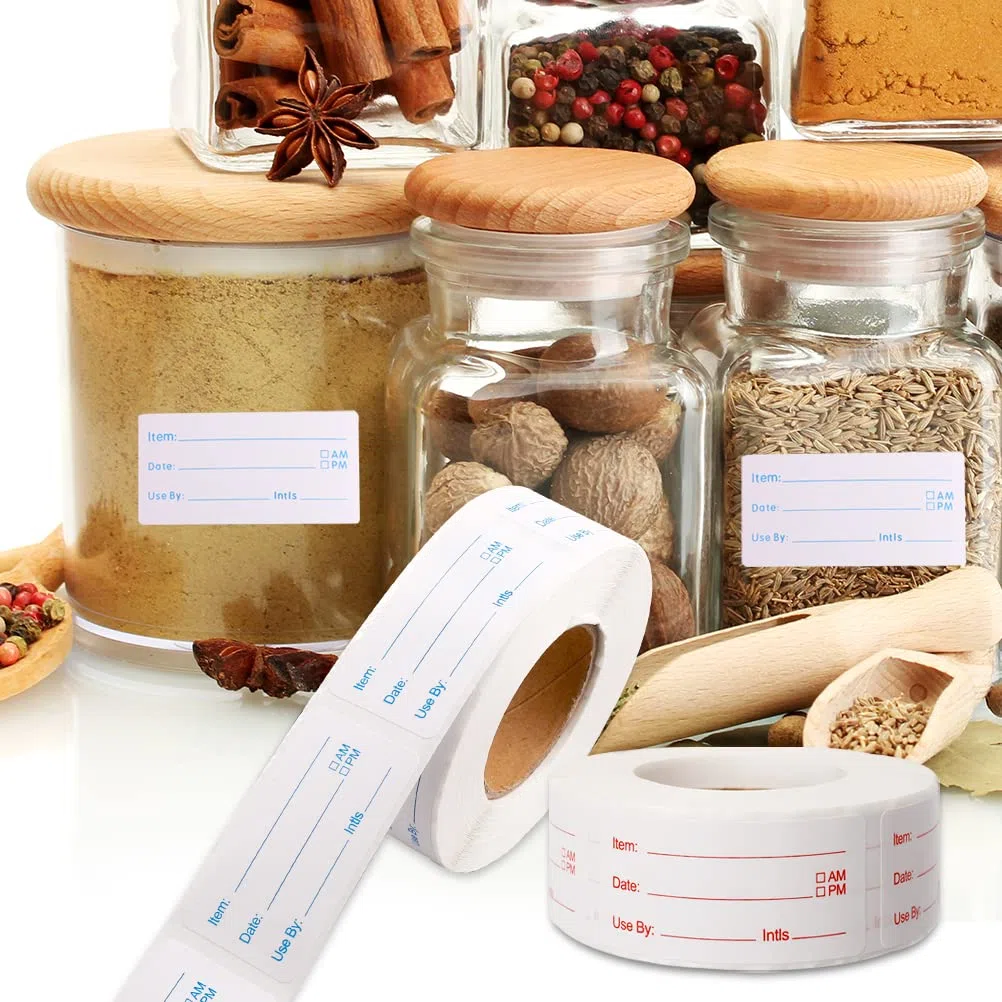 2 Rolls 1000 Pieces Removable Food Stickers, 1 x 2 Inch Food Rotation Labels Adhesive Food Storage Labels for Canning, Jars, Pantry and Meal Containers (Red and Blue)