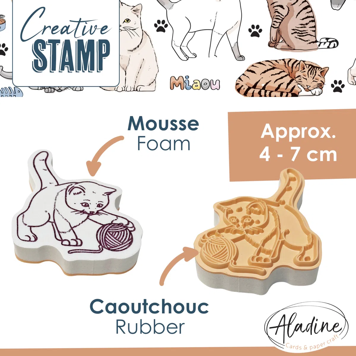 Aladine -16 Timbri Gatti con Inchiostratore - Schiuma & Gomma - per Carteria, Bullet Journal, Scrapbooking, Hobby, Disegno - Creative Stamp - Idea Regalo Bambino Adulto, 03714