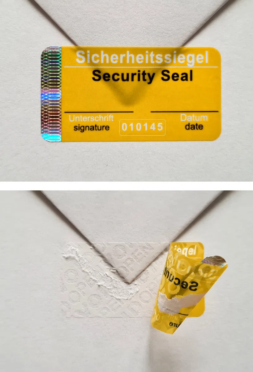 60 pezzi - Sigillo di sicurezza con numero di serie, 48 x 25 mm, giallo, scrivibile, sigillo di autenticità