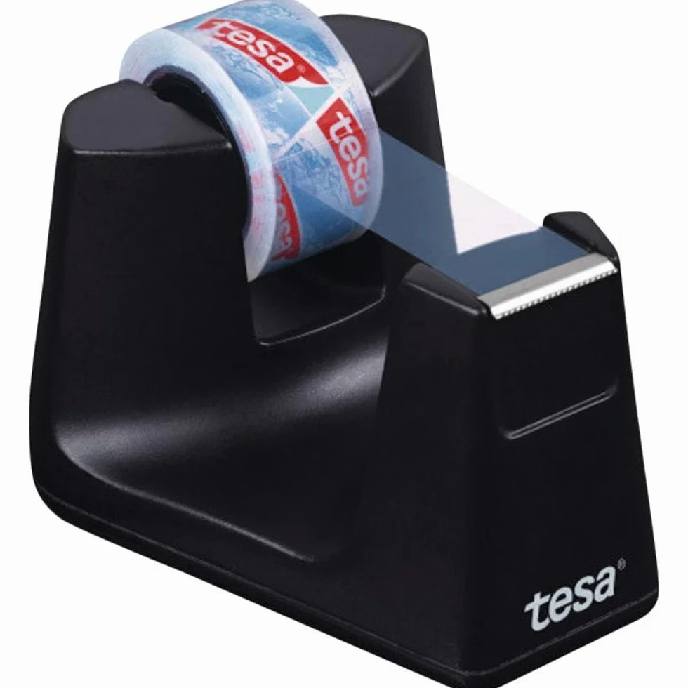 tesafilm Easy Cut Smart Dispenser per Nastro Adesivo - Dispenser compatto da scrivania con stop pad - Incluso di rotolo adesivo tesafilm Crystal Clear 10 m x 15 mm - Colore: Nero