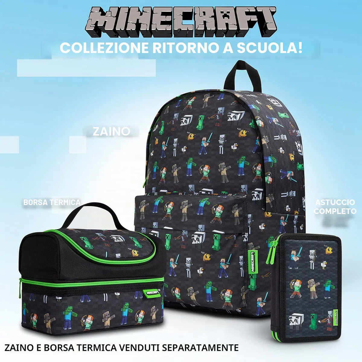 Minecraft Astuccio Matite per Bambini con Scomparti Multipli, Include Accessori Scuola (Nero)