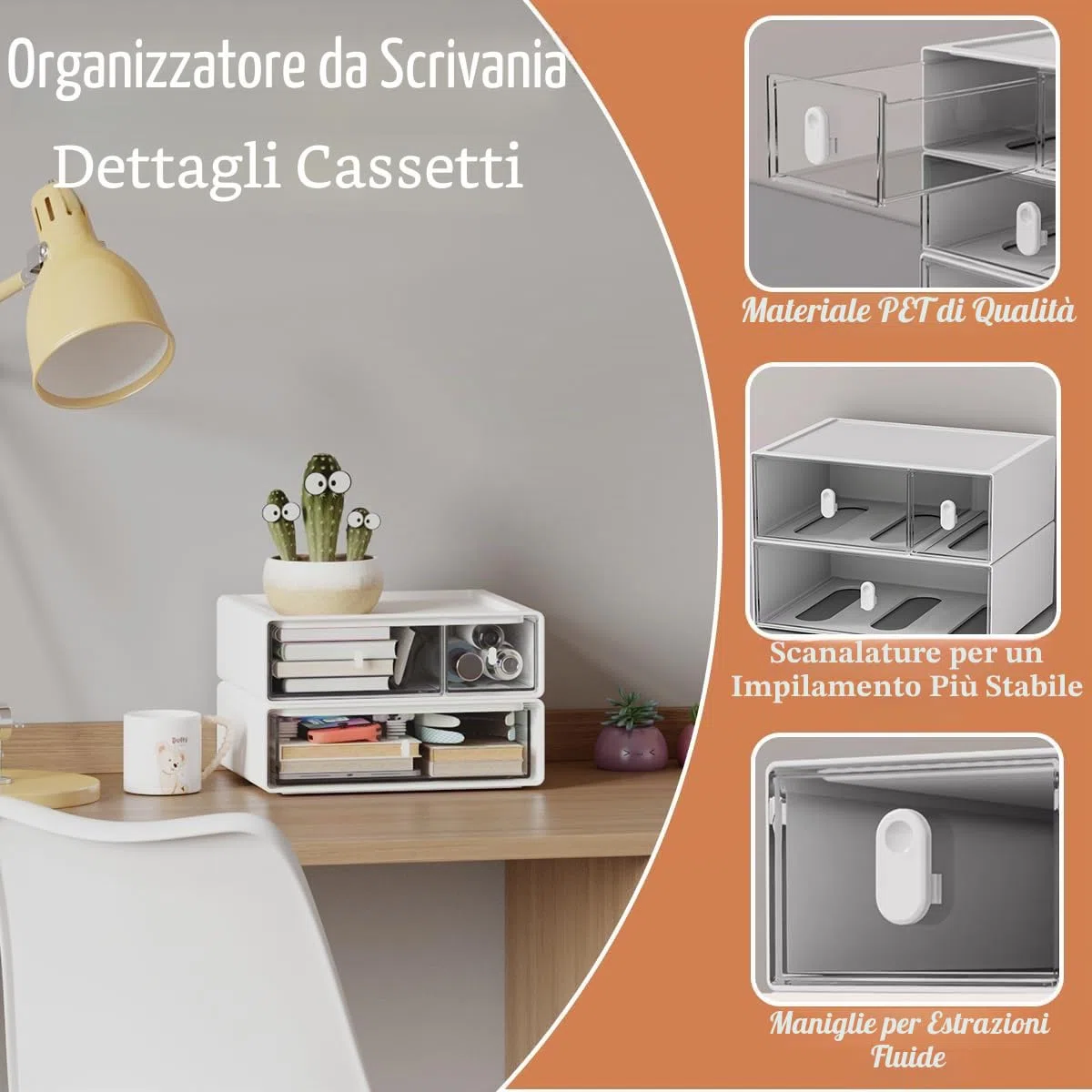 Organizzatore da scrivania - Cassetti - Scatola portaoggetti impilabile con 3 cassetti - Unità portaoggetti bianca - Cassetto per cancelleria casa, scuola (2 strati piatti)